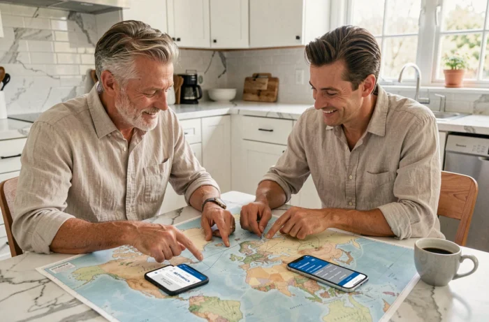 Couple planifiant un voyage gratuit en comparant les miles Air France nécessaires sur une carte du monde