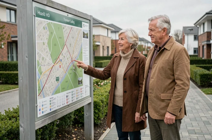 Couple de seniors consultant le panneau de plan de site à l'entrée d'un lotissement résidentiel moderne