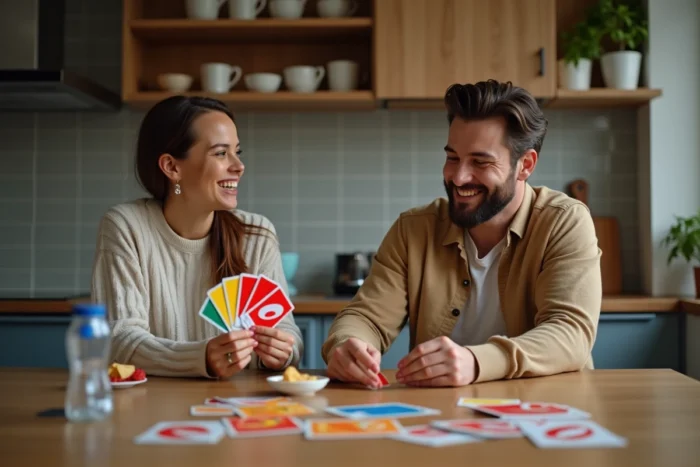 Deux couples jouant aux cartes Uno autour d'un îlot de cuisine lors d'une soirée entre amis