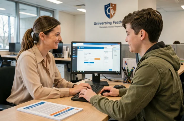 Agent administratif aidant un étudiant à créer sa boite mail universitaire dans un bureau de l'université de Nantes