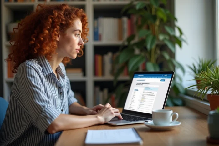Jeune femme effectuant une demande de fiche d'état civil individuelle en ligne depuis son domicile