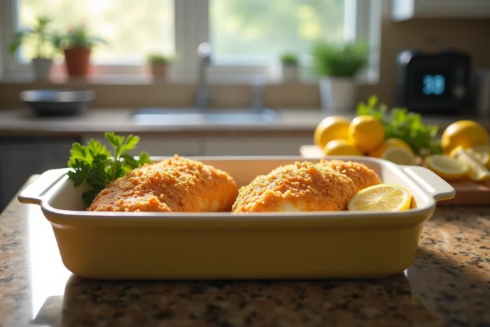 Deux cordons bleus dans un plat micro-ondes avec du citron et du persil prêts à être cuisinés