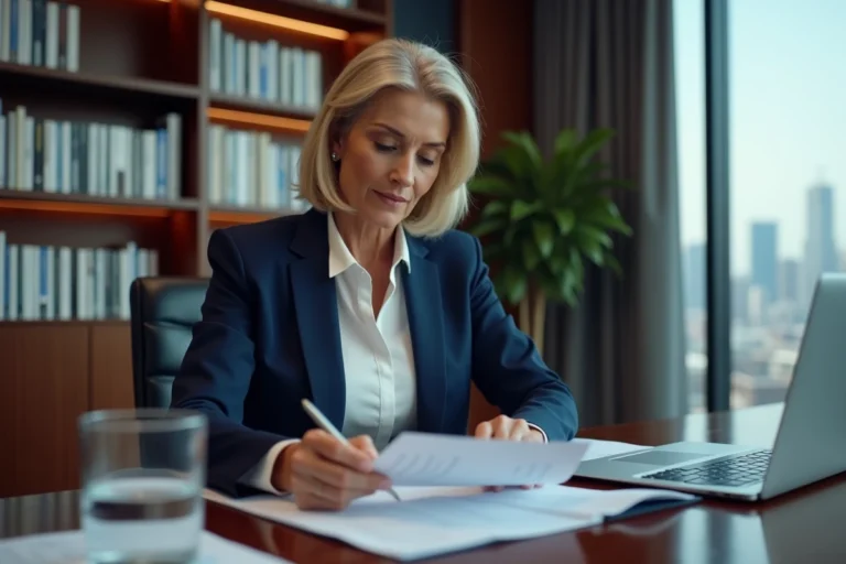 Directrice générale en costume bleu marine assise à un bureau exécutif en acajou, consultant des documents financiers dans un bureau d'entreprise moderne