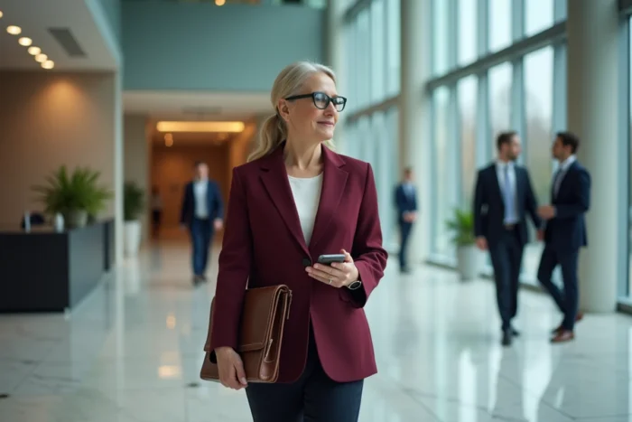 Cadre dirigeante traversant un hall d'entreprise moderne avec un portfolio en cuir, illustrant le leadership et la réussite professionnelle