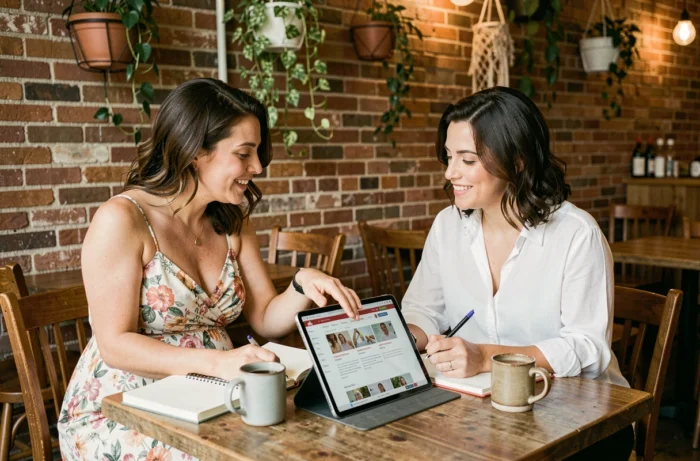 Deux femmes dont une enceinte discutent de ressources sur la maternité autour d'un café dans un bistrot chaleureux, carnet et tablette sur la table