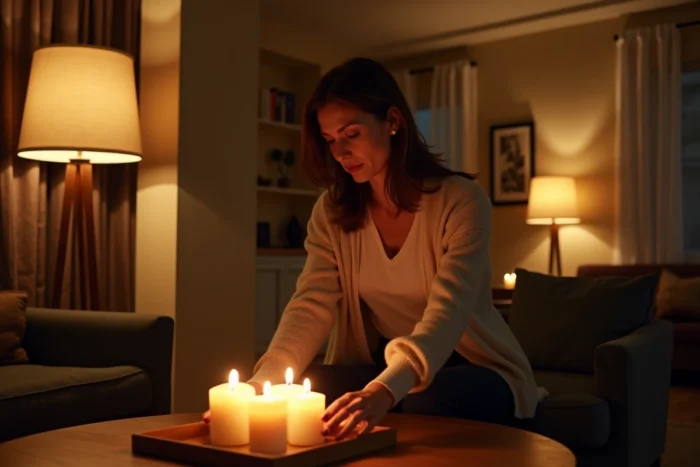Salon avec éclairage en couches superposées : lampadaire, plafonnier encastré et bougies sur plateau en bois