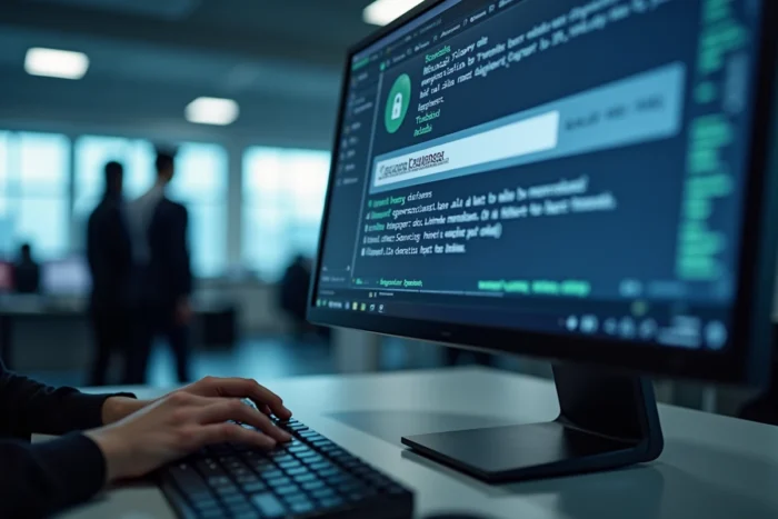 Écran d'ordinateur affichant un avertissement de sécurité avec une URL masquée dans un navigateur web