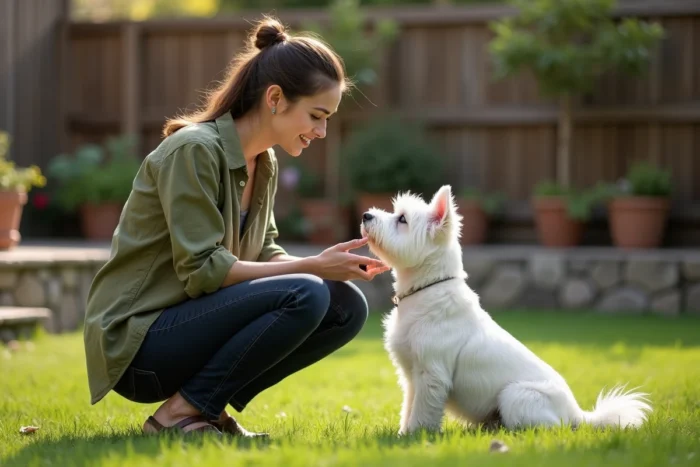 Jeune femme en train d'éduquer son Westie dans un jardin résidentiel, séance de dressage conviviale avec un West Highland White Terrier attentif