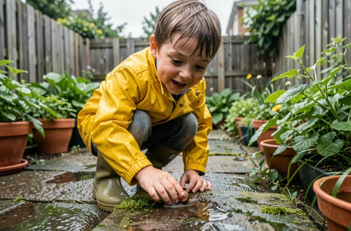 Jeune garçon en ciré jaune observant un escargot dans un jardin mouillé, activité nature et découverte pour enfants
