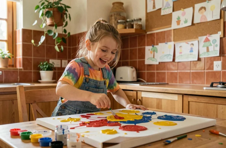 Jeune fille souriante peignant sur une toile dans une cuisine familiale colorée, activité créative et artistique pour enfants