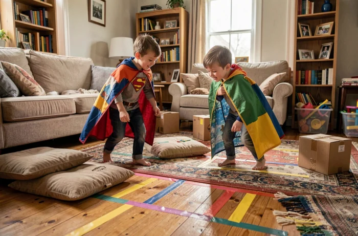 Deux garçons jouant avec des capes de super-héros maison dans un salon transformé en parcours d'obstacles ludique