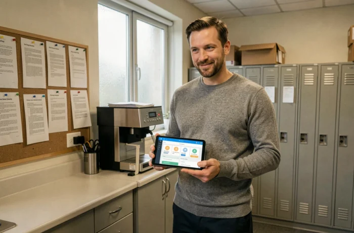 Enseignant masculin consultant un portail intranet académique sur tablette dans la salle des professeurs d'un établissement scolaire