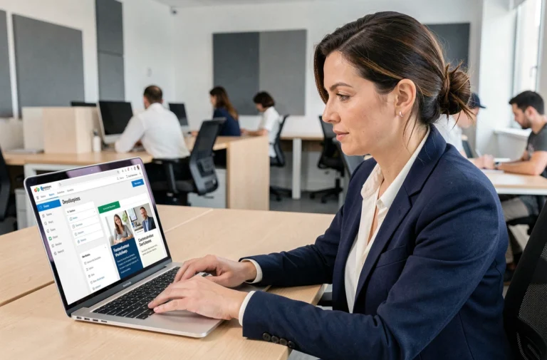 Enseignante consultant l'intranet de l'académie d'Amiens sur son ordinateur portable dans un bureau professionnel moderne