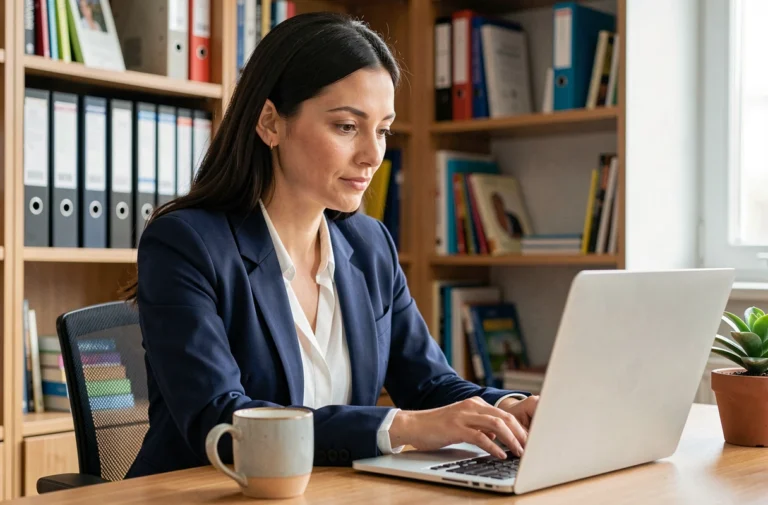 Enseignante connectée à son webmail académique Dijon sur un ordinateur portable dans un bureau universitaire