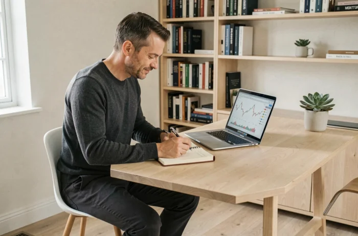 Entrepreneur masculin prenant des notes dans un bureau minimaliste à domicile avec ordinateur et graphiques financiers