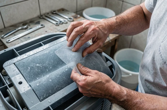 Entretien et nettoyage du filtre d'un rafraîchisseur d'air évaporatif par un homme