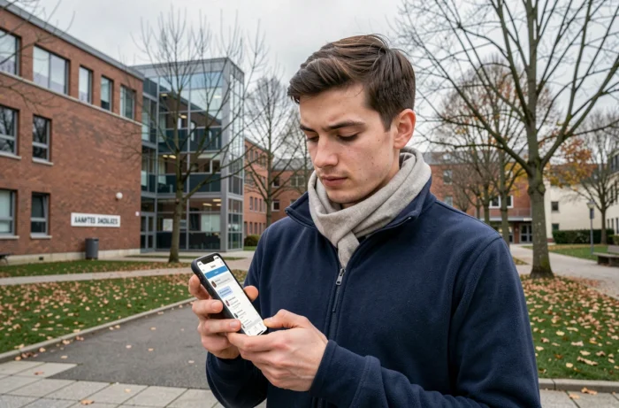 Étudiant consultant sa messagerie universitaire sur smartphone devant un bâtiment du campus de Nantes en automne