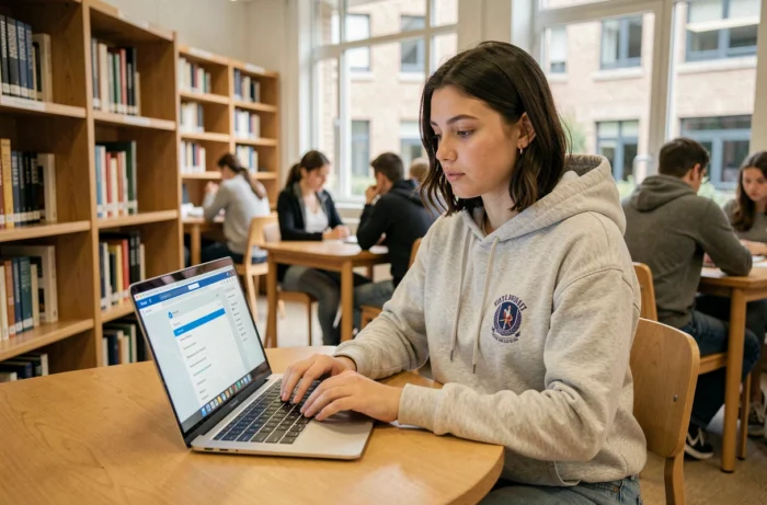 Étudiante utilisant sa boite mail universitaire sur un ordinateur portable dans la bibliothèque de l'université de Nantes