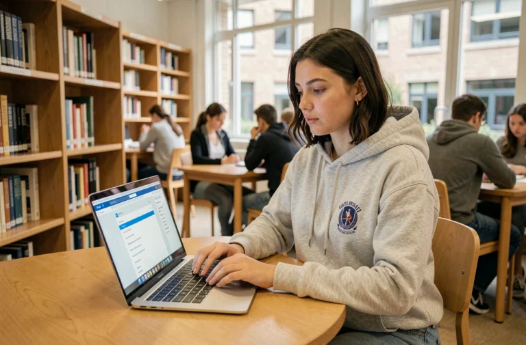 Étudiante utilisant sa boite mail universitaire sur un ordinateur portable dans la bibliothèque de l'université de Nantes