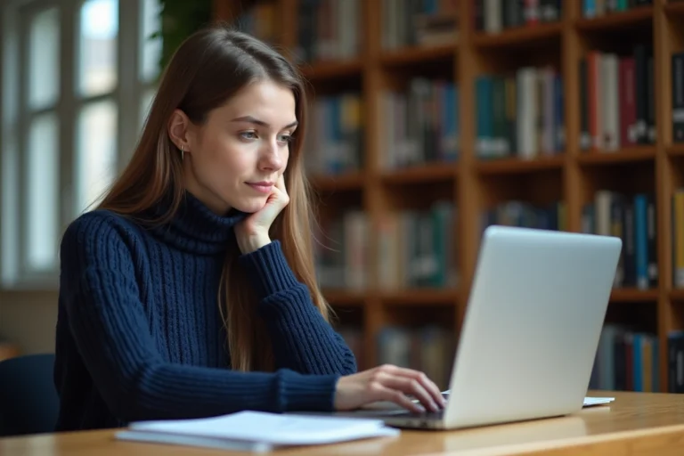 Étudiante déposant un dossier de candidature en ligne sur la plateforme eCandidat depuis une bibliothèque universitaire
