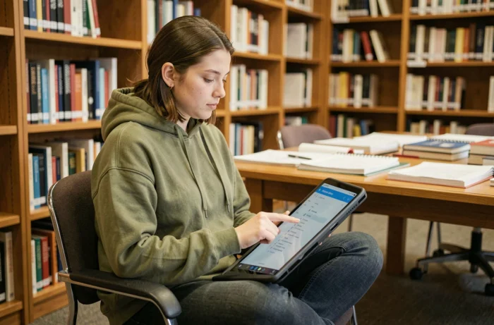 Étudiante consultant le webmail académique de Dijon sur une tablette dans une bibliothèque universitaire