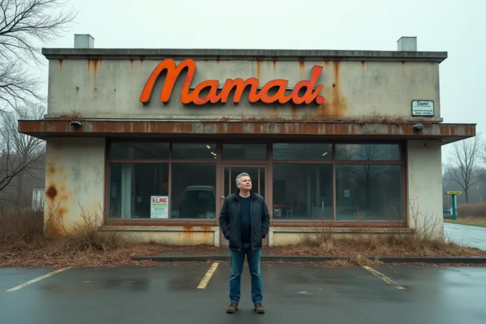 Façade abandonnée d'un ancien restaurant de chaîne française en zone commerciale avec enseigne effacée et parking délabré
