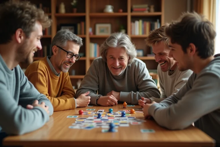 Famille multigénérationnelle jouant à un jeu de société autour d'une table en bois lors d'une soirée conviviale