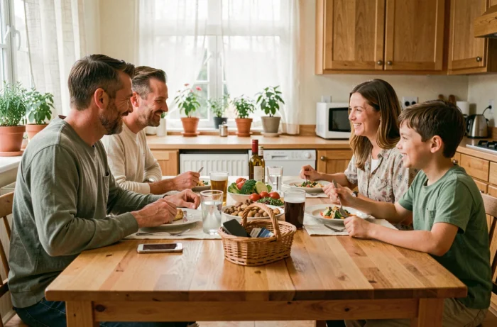Famille réunie autour d'un repas sans écrans, smartphones rangés dans un panier en osier sur une table en bois dans une cuisine chaleureuse