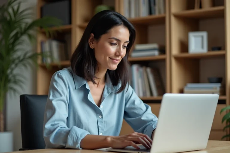 Femme accédant à l'état civil en ligne depuis son bureau à domicile sur un ordinateur portable