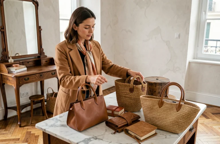 Femme élégante choisissant des accessoires tendance sur un comptoir en marbre dans un appartement parisien