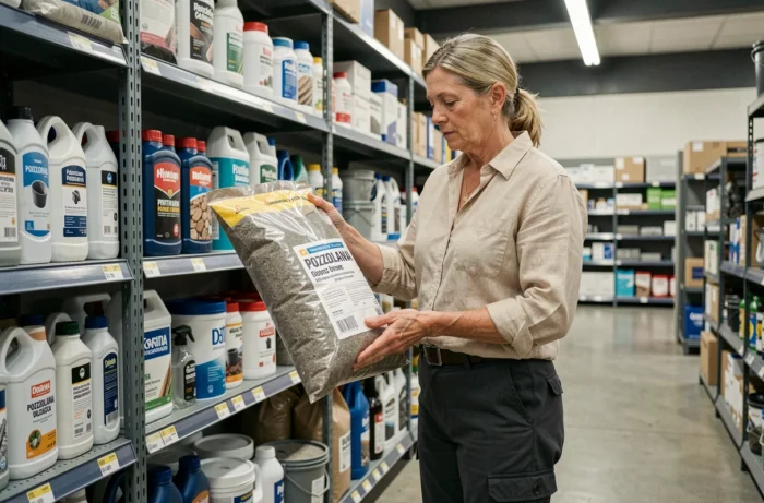 Femme lisant l'étiquette d'un sac de pouzzolane en rayon de magasin de bricolage pour traitement de fosse septique
