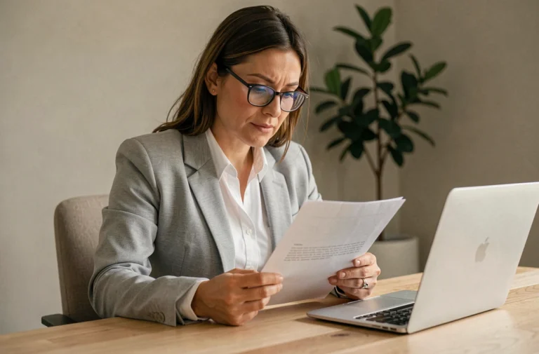 Femme concentrée lisant une analyse de produit à son bureau, illustrant une démarche de vérification et d'information sur Dirvox