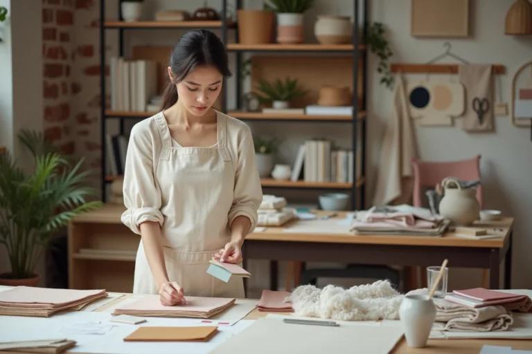 Femme apprenant la décoration intérieure en comparant des échantillons de tissus et palettes de couleurs dans un studio de design
