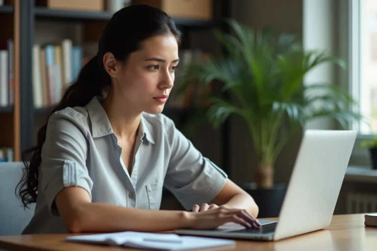 Femme consultant un avertissement de sécurité avec une URL masquée sur son ordinateur portable