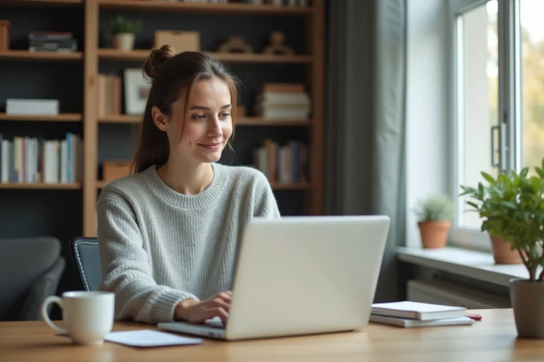 Femme consultant les avis utilisateurs sur Tarenoi en 2026 depuis son bureau à domicile