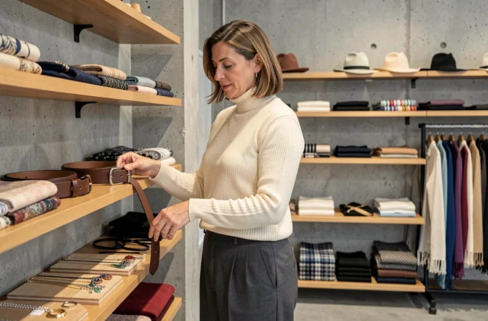 Femme élégante explorant des accessoires de saison dans une boutique concept store contemporaine