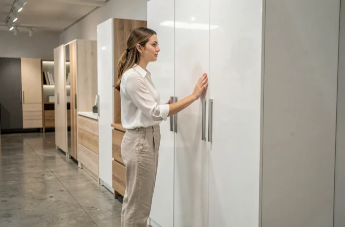 Femme choisissant une armoire dans un magasin de meubles, comparant différents modèles de rangement