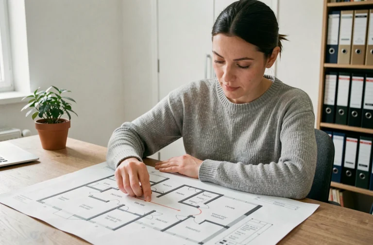 Femme consultant un plan de site d'habitations imprimé sur un bureau en bois dans un bureau à domicile