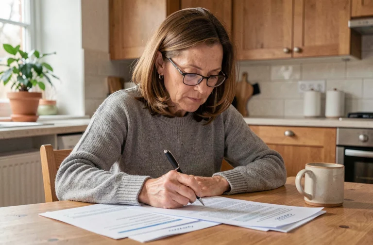 Femme consultant des documents d'assurance à la table de sa cuisine, stylo en main, dans un intérieur chaleureux