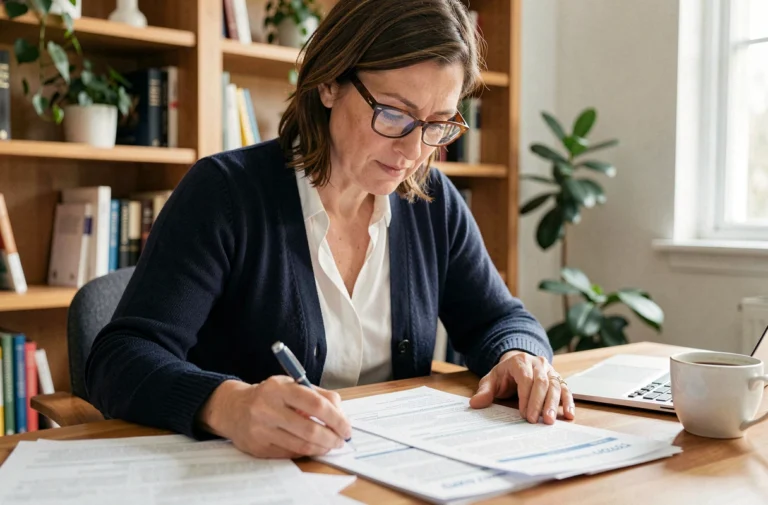 Femme consultant des documents de mutuelle santé MGC à son bureau à domicile