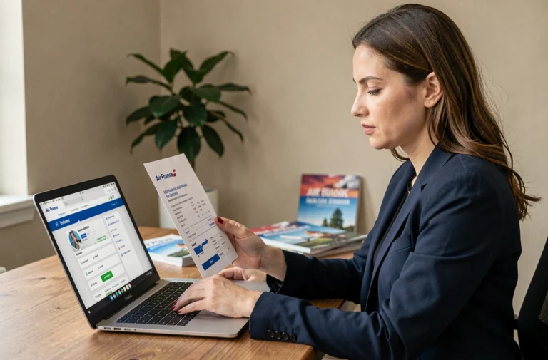 Femme consultant son relevé de miles Air France sur ordinateur portable pour planifier un vol gratuit