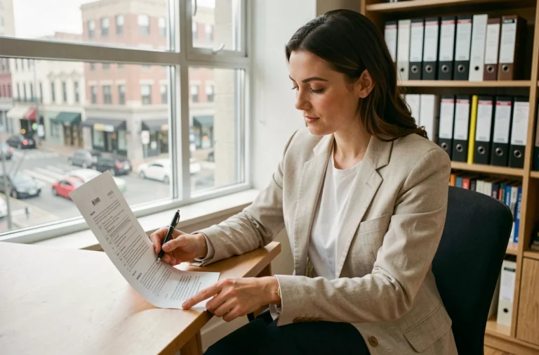 Femme en blazer beige relisant attentivement un contrat de location immobilière à son bureau dans un appartement moderne