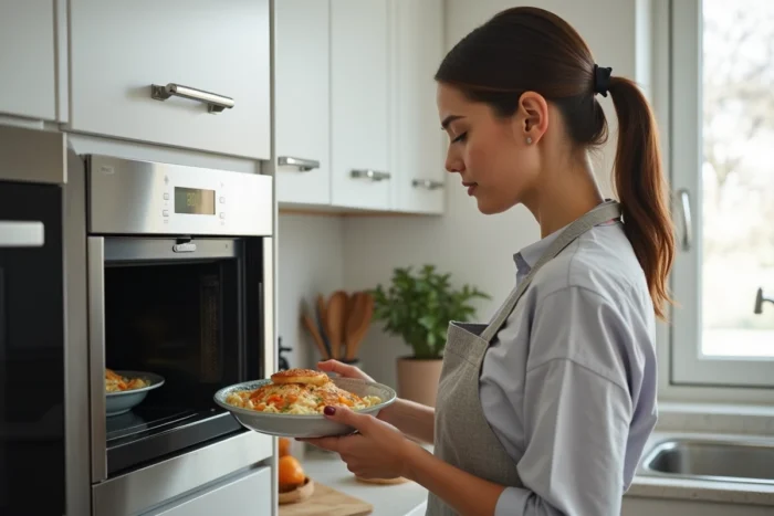 Femme plaçant un cordon bleu dans un micro-ondes avec un plat en verre adapté à la cuisson