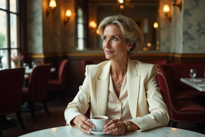 Femme élégante dans une brasserie parisienne classique, portrait illustrant la personnalité discrète et raffinée d'une épouse dans la vie privée