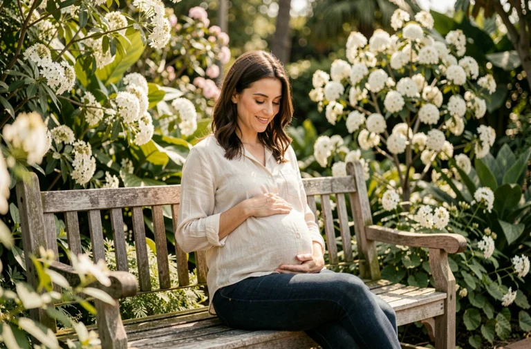 Femme enceinte souriante assise dans un jardin botanique, tenant son ventre arrondi avec tendresse, guide maternité pour futures mamans