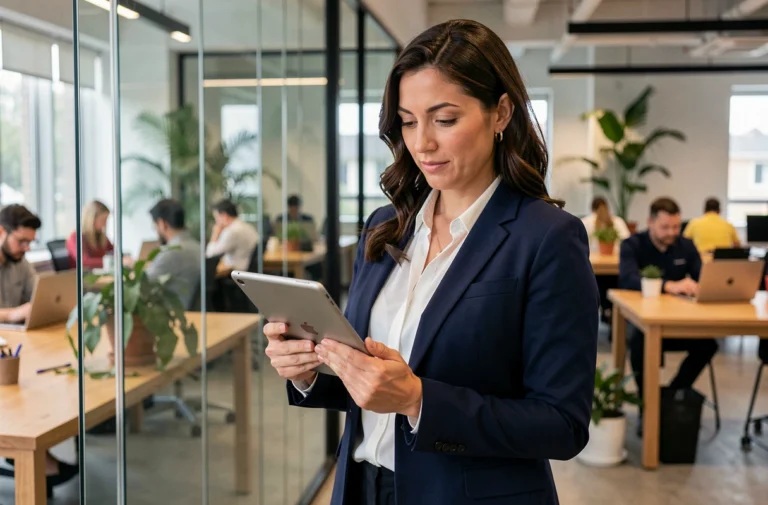 Femme entrepreneuse en blazer navy consultant une tablette dans un espace de coworking moderne
