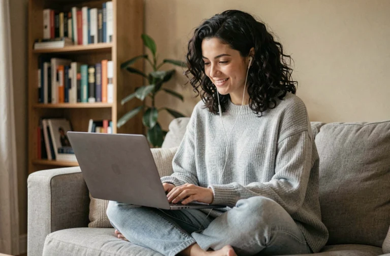 Femme apprenant en ligne confortablement installée sur son canapé avec un ordinateur portable et des écouteurs
