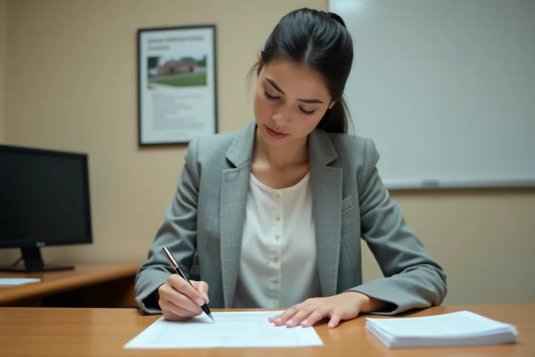Femme remplissant un formulaire de fiche d'état civil dans un bureau administratif municipal
