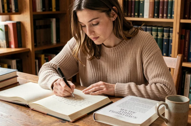Jeune femme écrivant dans un cahier de grammaire française à son bureau, illustrant la distinction entre ou et où
