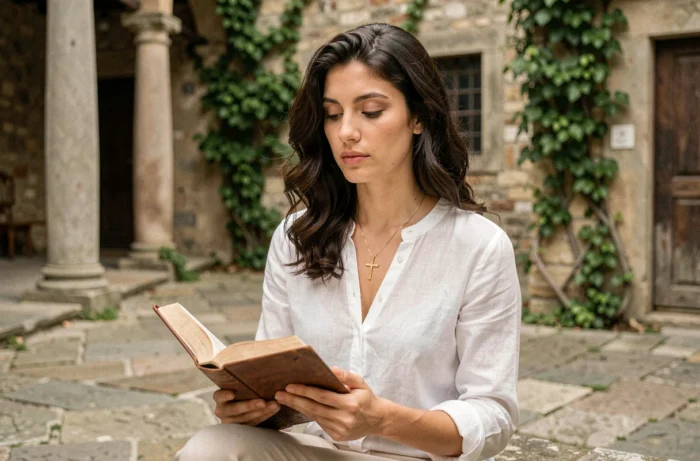 Jeune femme italienne tenant une Bible en cuir dans une cour d'église toscane en pierre avec une croix en or autour du cou